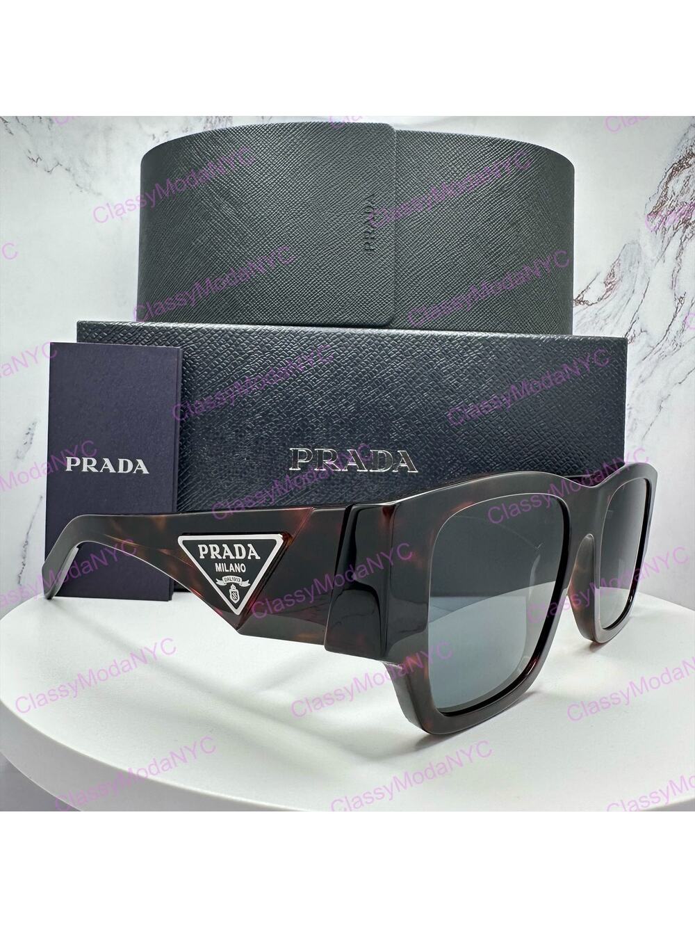 New PRADA Sunglasses Brown Root Tortoise Square Men's Plaque Logo - Picture 1 of 16